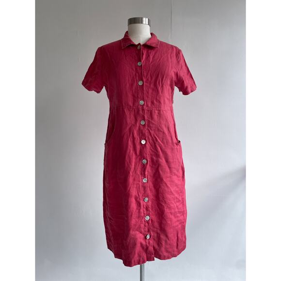 Vintage 90's Red Linen Dress / Sz 8 / Minimal Natural Button Up Collared - Picture 1 of 7